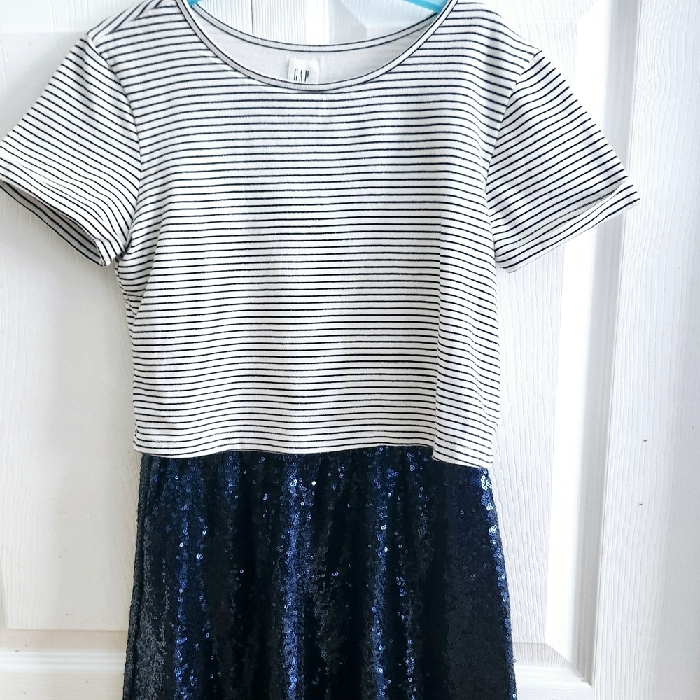 ⭐ 2 FOR $15 Gap Kid Girl US L Striped Sequin Navy Dress Paety Preppy